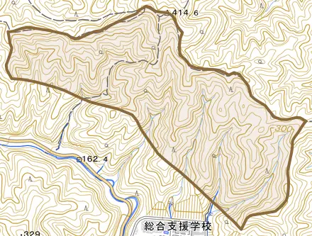 山田捻木尾とその周辺の地図。町の範囲を重ねている