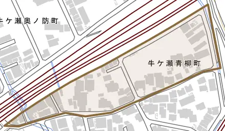 牛ケ瀬青柳町とその周辺の地図。町の範囲を重ねている
