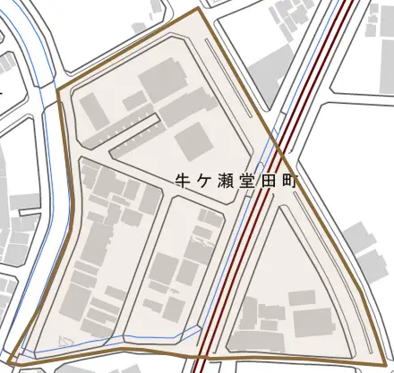 牛ケ瀬堂田町とその周辺の地図。町の範囲を重ねている