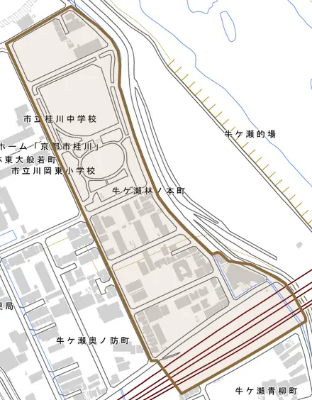 牛ケ瀬林ノ本町とその周辺の地図。町の範囲を重ねている