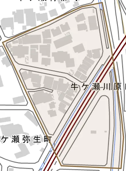 牛ケ瀬川原口町とその周辺の地図。町の範囲を重ねている