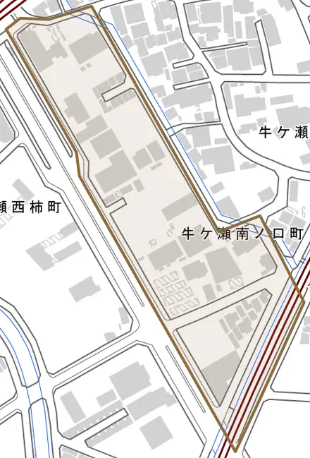 牛ケ瀬南ノ口町とその周辺の地図。町の範囲を重ねている