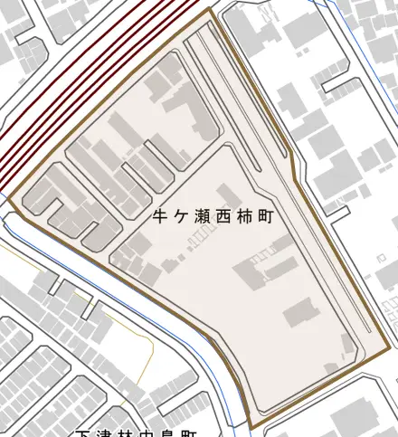 牛ケ瀬西柿町とその周辺の地図。町の範囲を重ねている