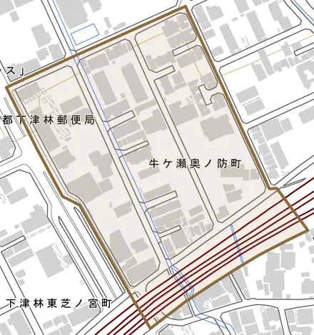 牛ケ瀬奥ノ防町とその周辺の地図。町の範囲を重ねている