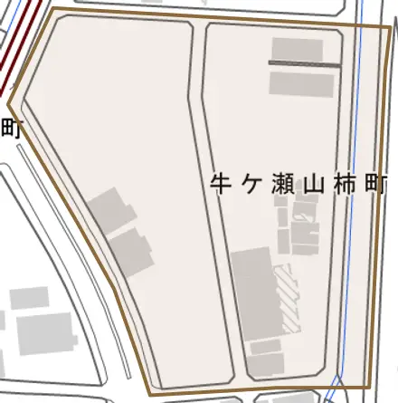牛ケ瀬山柿町とその周辺の地図。町の範囲を重ねている