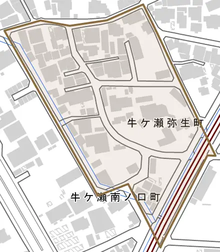牛ケ瀬弥生町とその周辺の地図。町の範囲を重ねている