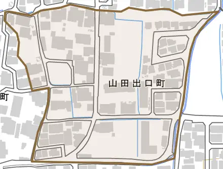 山田出口町とその周辺の地図。町の範囲を重ねている