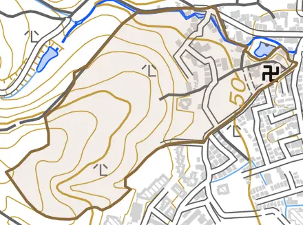 山田箱塚町とその周辺の地図。町の範囲を重ねている