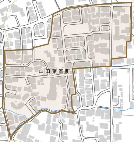 山田葉室町とその周辺の地図。町の範囲を重ねている