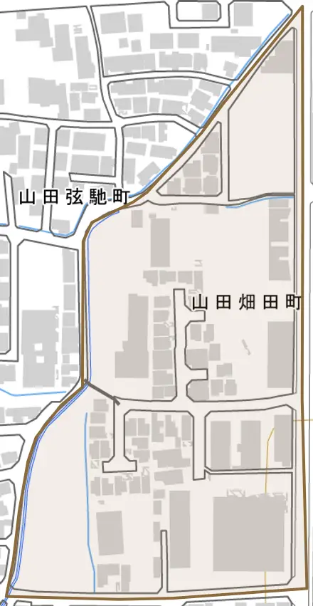 山田畑田町とその周辺の地図。町の範囲を重ねている