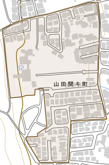 山田開キ町とその周辺の地図。町の範囲を重ねている
