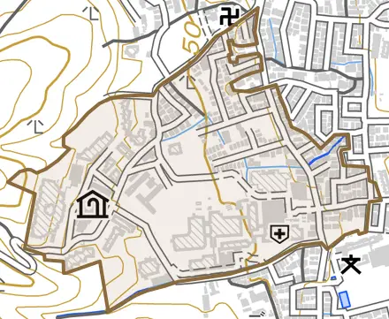 山田平尾町とその周辺の地図。町の範囲を重ねている