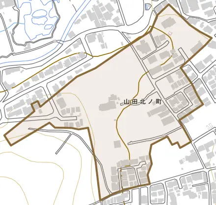 山田北ノ町とその周辺の地図。町の範囲を重ねている