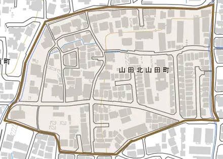 山田北山田町とその周辺の地図。町の範囲を重ねている