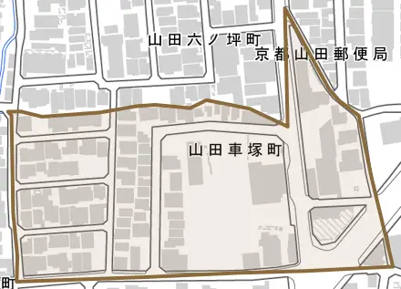 山田車塚町とその周辺の地図。町の範囲を重ねている
