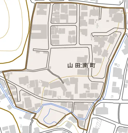 山田南町とその周辺の地図。町の範囲を重ねている