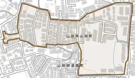 山田南山田町とその周辺の地図。町の範囲を重ねている