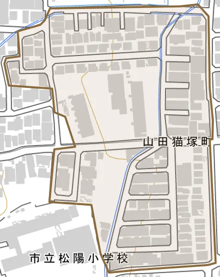 山田猫塚町とその周辺の地図。町の範囲を重ねている