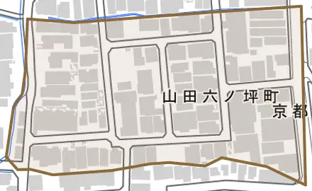 山田六ノ坪町とその周辺の地図。町の範囲を重ねている