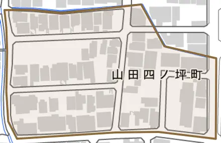 山田四ノ坪町とその周辺の地図。町の範囲を重ねている