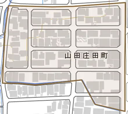 山田庄田町とその周辺の地図。町の範囲を重ねている
