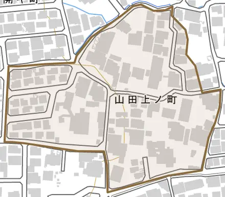 山田上ノ町とその周辺の地図。町の範囲を重ねている