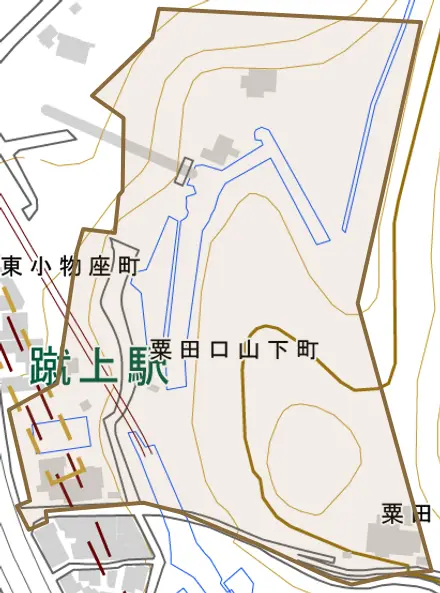 粟田口山下町とその周辺の地図。町の範囲を重ねている