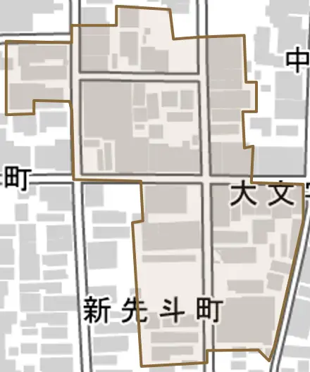 大文字町とその周辺の地図。町の範囲を重ねている