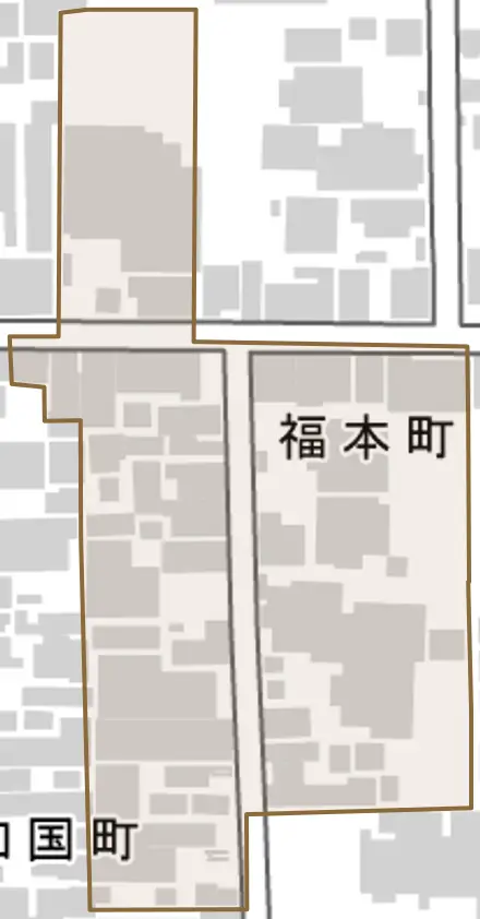 福本町とその周辺の地図。町の範囲を重ねている