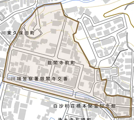 銀閣寺前町とその周辺の地図。町の範囲を重ねている