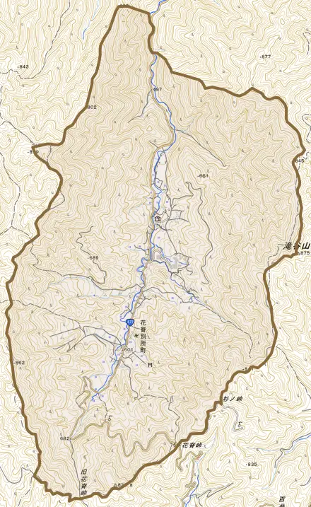 花脊別所町とその周辺の地図。町の範囲を重ねている
