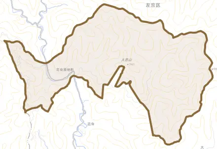 花脊原地町とその周辺の地図。町の範囲を重ねている