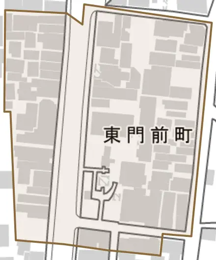 東門前町とその周辺の地図。町の範囲を重ねている