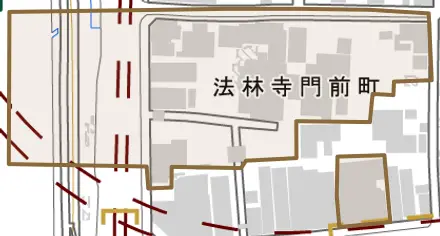 法林寺門前町とその周辺の地図。町の範囲を重ねている