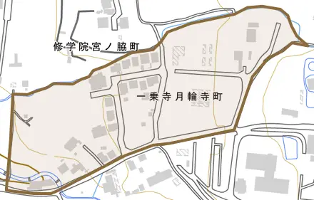 一乗寺月輪寺町とその周辺の地図。町の範囲を重ねている