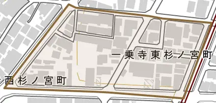 一乗寺東杉ノ宮町とその周辺の地図。町の範囲を重ねている