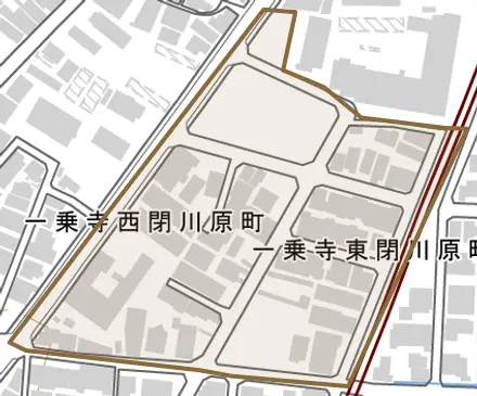 一乗寺東閉川原町とその周辺の地図。町の範囲を重ねている