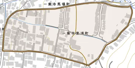 一乗寺東浦町とその周辺の地図。町の範囲を重ねている