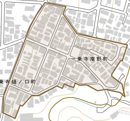 一乗寺庵野町とその周辺の地図。町の範囲を重ねている