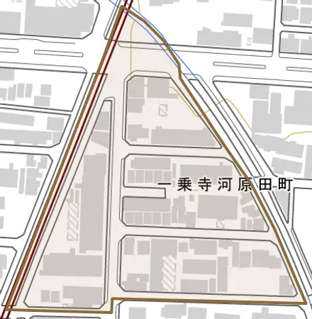 一乗寺河原田町とその周辺の地図。町の範囲を重ねている