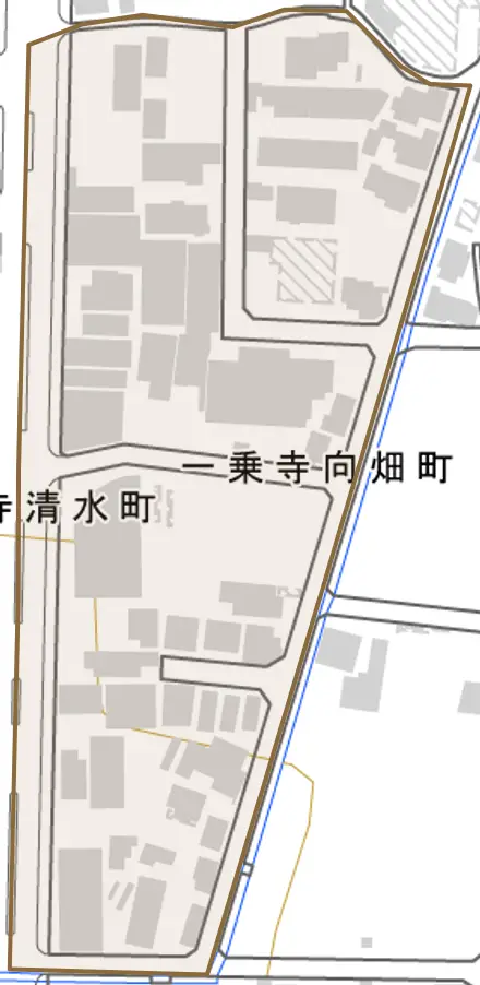 一乗寺向畑町とその周辺の地図。町の範囲を重ねている