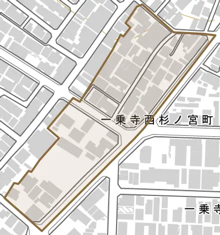 一乗寺西杉ノ宮町とその周辺の地図。町の範囲を重ねている
