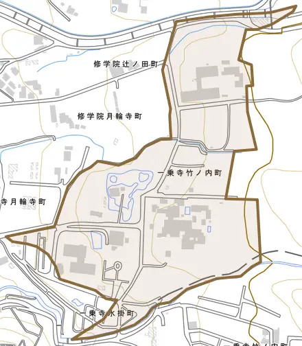 一乗寺竹ノ内町とその周辺の地図。町の範囲を重ねている