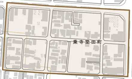 一乗寺築田町とその周辺の地図。町の範囲を重ねている