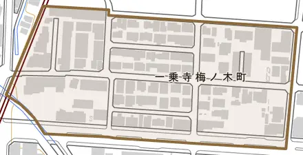 一乗寺梅ノ木町とその周辺の地図。町の範囲を重ねている