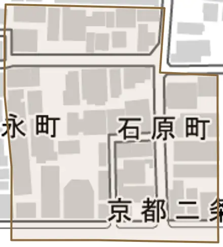 石原町とその周辺の地図。町の範囲を重ねている
