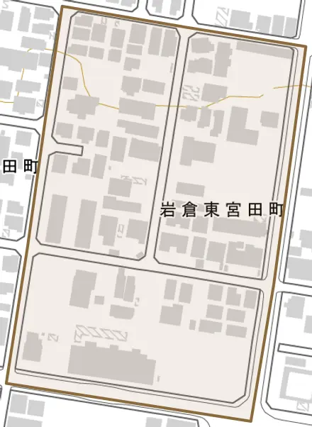 岩倉東宮田町とその周辺の地図。町の範囲を重ねている