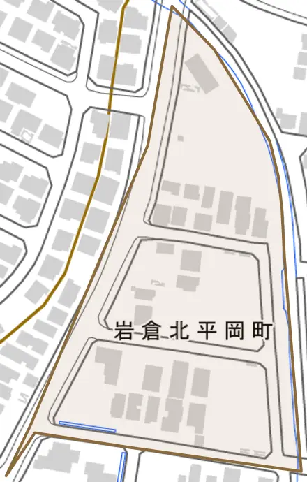 岩倉北平岡町とその周辺の地図。町の範囲を重ねている