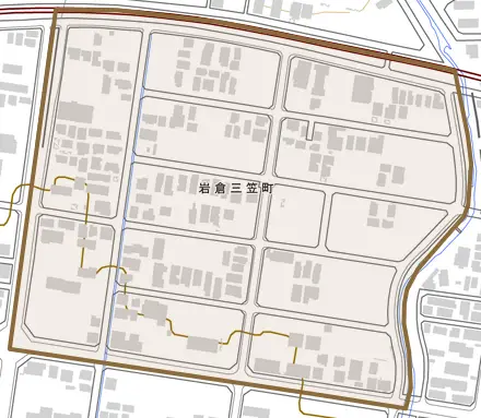 岩倉三笠町とその周辺の地図。町の範囲を重ねている
