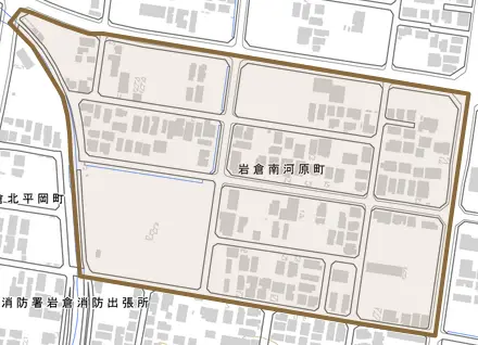 岩倉南河原町とその周辺の地図。町の範囲を重ねている